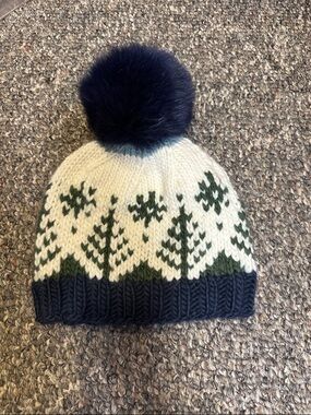 Women’s Cream & Navy Pom Pom Hand Knit Hat with Green Tree Motif